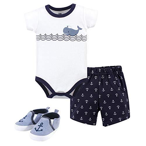 Hudson Baby baby boys Cotton Bodysuit, Shorts and Shoe Layette Set, Blue Sailor Whale, 0-3 Months US