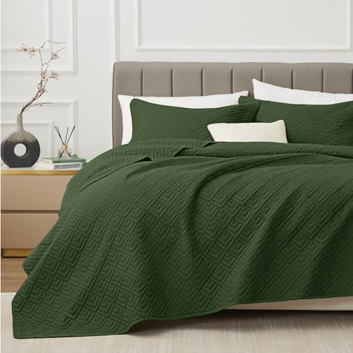 EXQ Home Quilt Set Full Queen Size Olive Green 3 Piece,Lightweight Soft Coverlet Modern Style Squares Pattern Bedspread Set(1 Quilt,2 Pillow Shams)