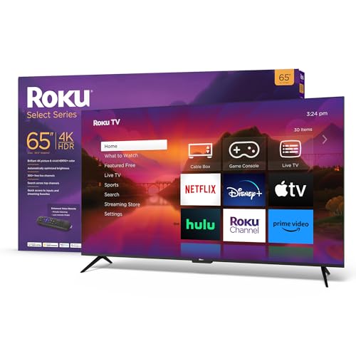 Roku 65' Select Series 4K HDR Smart RokuTV with Enhanced Voice Remote, Brilliant 4K Picture, Automatic Brightness, and Seamless Streaming