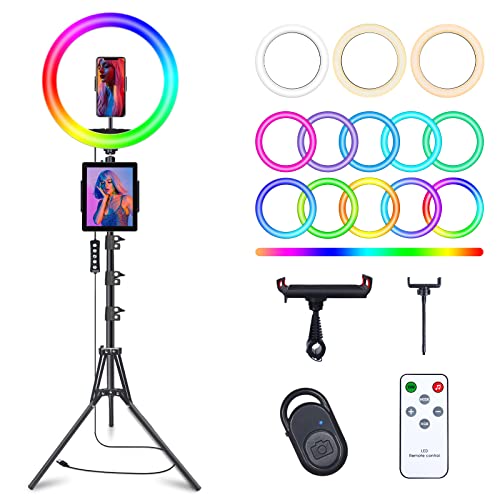 10' Selfie Ring Light with 63' Tripod Stand & 3 Phone Holder, LED Camera Ringlight with 48 RGB Colors Modes & Musical Rhythm Mode and 12 Brightness Dimmable for Makeup/Photography/Videos/Vlog/TikTok