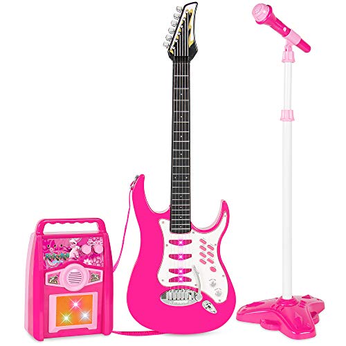Best Choice Products Kids Electric Musical Guitar Play Set, Toy Guitar Starter Kit Bundle w/ 6 Demo Songs, Whammy Bar, Microphone, Amp, AUX, 2 Sticker Sheets - Pink