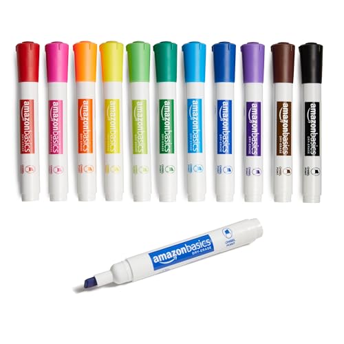 Amazon Basics Low-Odor Chisel Tip Dry Erase White Board Marker, Assorted Colors - Pack of 12