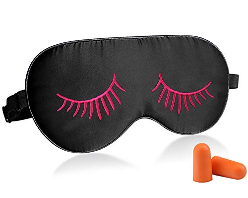 Fitglam Natural Silk Sleep Mask, Cute Sleeping Mask Eye Mask Eye Cover for Travel, Nap, and Meditation, Blindfold with Adjustable Strap for Men, Women, and Kids (Black with Rose Eyelashes)