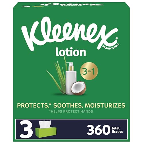 Kleenex Lotion Facial Tissues with Coconut Oil, 3 Flat Boxes, 120 Tissues Per Box, 3-Ply