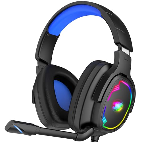 Jimonyer Gaming Headset for PC/PS5/PS4/Xbox One/Switch, Stereo Surround Sound Gaming Headphones with Noise Canceling Flexible Mic, Computer Headset with 3.5mm Jack & RGB Light (Blue)