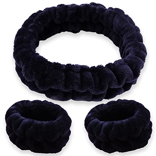 FROG SAC Puffy Spa Headband and Wristbands for Face Washing, Fuzzy Skincare Headbands for Women, Soft Makeup Skin Care Hair Accessories for Girls, Bubble Make Up Sleepover Party Supplies (Black)
