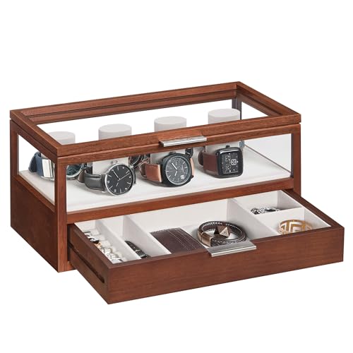 SONGMICS 2-Tier Wooden Watch Case, Watch Display Box, Watch Holder with 7 Pillars, Drawer, Acrylic, Solid Wood Top and Veneer, Velvet Lining, Gift for Loved Ones, Coffee Brown UJOW007K01