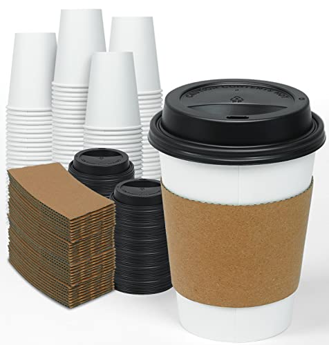 Ginkgo [100 Pack 12 oz Disposable Thickened Paper Coffee Cups with Lids and Sleeves, To Go Hot Coffee Cups for Home, Office, Wedding and Cafes