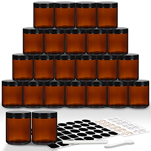 EkkoVla 24 Pack 8 oz Amber Round Glass Jars with 24 Black Lids, Candle Making Jar, Empty Refillable Cosmetic Containers for Lotions, Face Creams, Body Butter, Powders, Ointments, Beauty Products