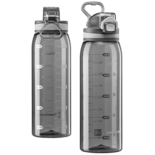 Teentumn 30oz Sport Water Bottle with Time Markers, Large Durable Gym Plastic Bottle Tritan BPA Free for Fitness, Outdoor Enthusiasts, Leakproof Clear Gray (Pack of 1)