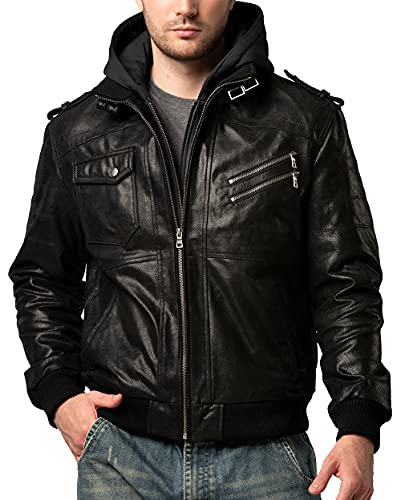 FLAVOR Men Brown Leather Motorcycle Jacket with Removable Hood (Large (US standard), Black)