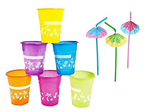 48 Packs Tropical Party Cups with Parasol Straws - Disposable Plastic Cups 16oz BPA free, for Hawaiian Luau Party Supplies, Pool Parties, Beach Theme Birthday Decorations for Kids & Adults