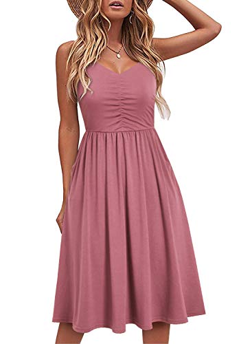 YATHON Casual Dresses for Women 2024 Sleeveless Cotton Summer Beach Dress A Line Spaghetti Strap Sundresses with Pockets (XL, YT090-Pink)