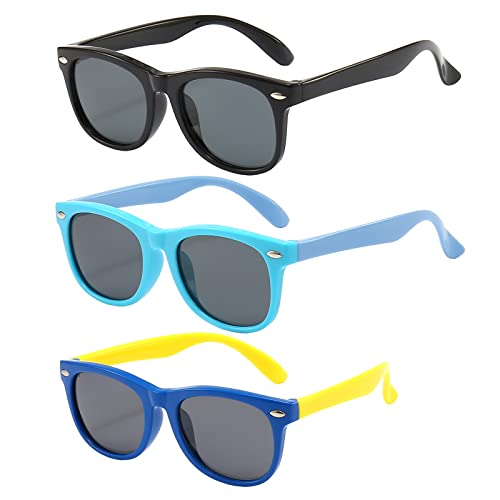 FANNYGO 3 Pack kids sunglasses for Boys Girls Kids Polarized Sunglasses boy Girl Age 3-11 (Black+blue+light blue)