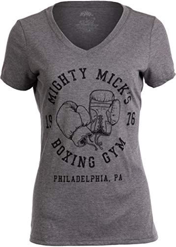 Ann Arbor T-shirt Co. Mighty Mick's Boxing Gym 1976 | Philadelphia Boxer Gloves Top for Women T-Shirt-(Vneck,XL) Vintage Grey