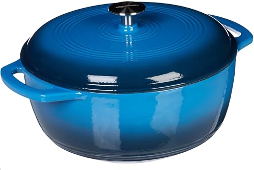 Amazon Basics Enameled Cast Iron Round Dutch Oven with Lid and Dual Handles, Heavy-Duty, 6-Quart, Blue