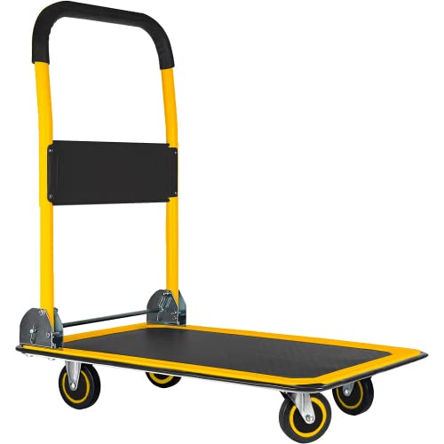 Lifetime Home Upgraded Foldable Push Cart Dolly | 330 lbs. Capacity Moving Platform Hand Truck | Heavy Duty Space Saving Collapsible | Swivel Push Handle Flat Bed Wagon - Yellow & Black