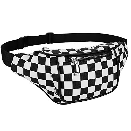 Fanny Pack, PU Waist Fanny Pack Bum Bag for Women Men，Waterproof Waist Pack Retro Neon Fanny Bag for Festival, Rave (Black and White Checkerboard)