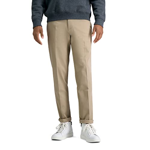 Haggar Men's Premium No Iron Khaki Straight Fit & Slim Fit Flat Front Casual Pant, Khaki Beige, 34W x 36L