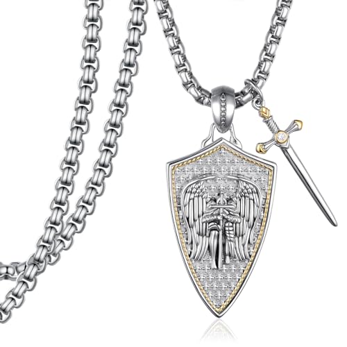 Archangel Michael Necklace Sterling Silver St Michael Pendant St Michael Pendant for Men Saint Michael Medals Protection Jewelry Gifts for Men Father Husband 22'+2' Chain