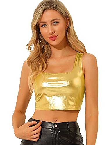 Allegra K Women's U Neck Sleeveless Party Clubwear Holographic Shiny Metallic Crop Top Small Gold