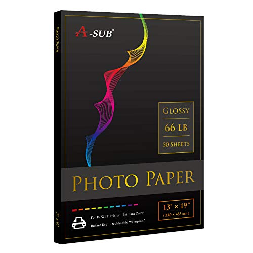 A-SUB Premium Photo Paper High Glossy 13x19 Inch 66lb for Inkjet Printers 50 Sheets, Single Sided