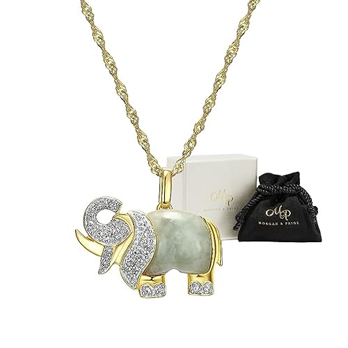 MORGAN & PAIGE 18k Yellow Gold Plated 925 Sterling Silver Genuine Green Jade and Created White Sapphire Elephant Pendant Necklace, 18'