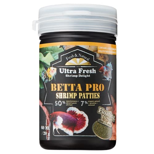 Ultra Fresh Betta Fish Food, Pro Shrimp Patties, 50% Sword Prawns + Akiami Paste Shrimps, All Natural Protein, Rich in Calcium, for Betta's Healthy Development and Cleaner Water, 0.7 oz