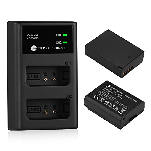 FirstPower LP-E10 Battery (2-Pack) and Dual USB Charger Compatible with Canon EOS Rebel T3 T5 T6 T7 T100 Kiss X50 X70 X80 X90 1100D 1200D 1300D 1500D 4000D Digital Cameras