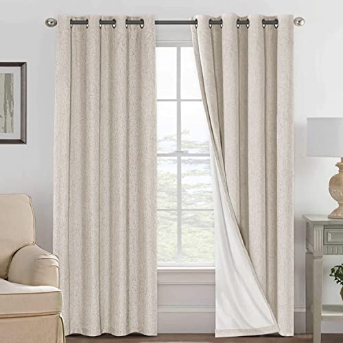 H.VERSAILTEX 100% Blackout Linen Curtains Full Light Blocking Curtains for Bedroom, Textured Window Curtains for Living Room 84 inch Grommet, Energy Efficient Curtains White Liner(2 Panels, Natural)