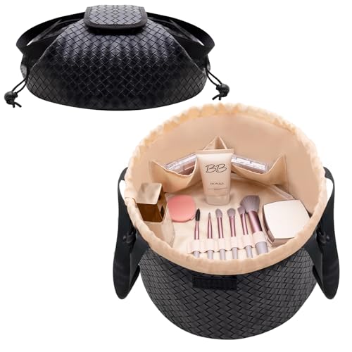 rlokosfb Large Drawstring Makeup Organizer,Lay Makeup Bag Cosmetic Bag Toiletry Bag for Travel,Portable Waterproof Make Up Bags for Women Brush Toiletries Accessories (Plaid-Black)