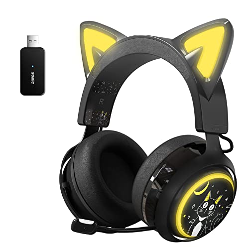 SOMIC GS510 Cat Ear Headset Wireless Gaming Headphones for PS5/ PS4/ PC, Cute Headset 2.4G with Retractable Mic, 7.1 Stereo Sound, 8Hrs Playtime, RGB Lighting (Xbox Only Work in Wired Mode)