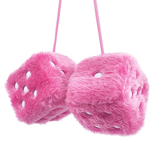 YGMONER Pair of Retro Square Mirror Hanging Couple Fuzzy Plush Dice with Dots for Car Decoration (Pink)