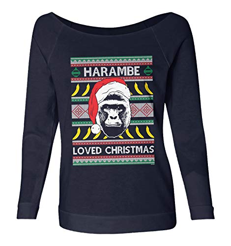 Haase Unlimited Harambe Loved Christmas - RIP Gorilla Meme Ladies French Terry Sweater (Navy, XX-Large)
