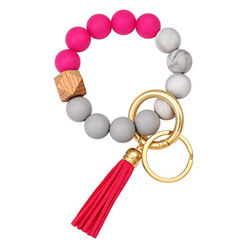 boderier Silicone Bracelet Keychain Key Ring Elastic Silicone Bead Wristlet Keychain Bracelet Bangle Portable House Car Keys Ring Holder W/Tassel (Hot Pink)