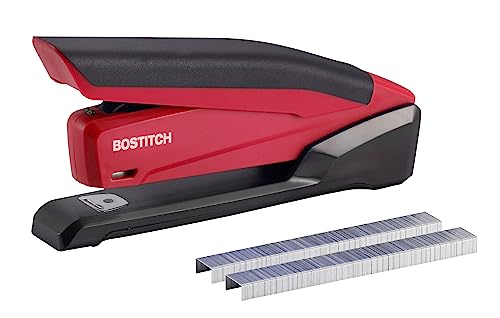 Bostitch Office Executive 3 in 1 Stapler, Includes 210 Staples and Integrated Staple Remover, One Finger Stapling, No Effort, 20 Sheet Capacity, Spring Powered Stapler, Red