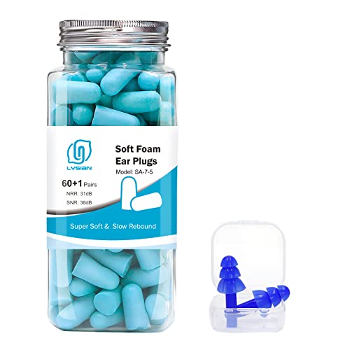 LYSIAN Ultra Soft Foam Earplugs Sleep, 38dB SNR 31dB NRR Sound Blocking Noise Cancelling Ear Plugs for Sleeping, Travel, Shooting and Working -60 Pairs Pack (Lake Blue)
