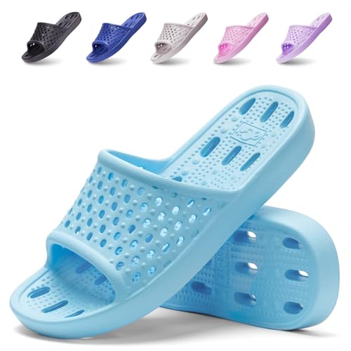 Xomiboe Shower Shoes Women Non Slip Bathroom Slippers College Dorm Room Essentials for Girls Kids Stuff Men Shower Sandals Slides Gym Spa Flip Flops(Light Blue,EU40-41)