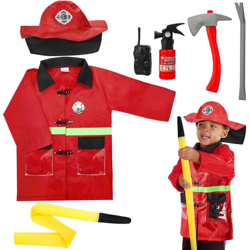 Lawei 7 Pieces Kids Firefighter Costume Role Play Kit Set, Toddler Fireman Dress up, Fire Pretend Chief Outfit, Halloween Role Play Career Suit with Rescue Tools, Gift for 3 4 5 6 7 Year Old Boy Girl