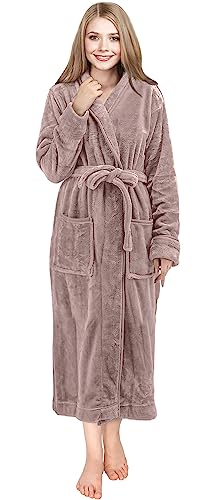 NY Threads Womens Fleece Bath Robe - Shawl Collar Soft Plush Spa Robe, Taupe, Small