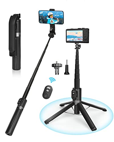 Eocean Selfie Stick Tripod Quadripod with Remote, 55' Aluminum Alloy Extendable Cell Phone Tripod Stand Compatible with iPhone/Android Phone/GoPro, Lightweight Portable Pocket Travel Tripod Black