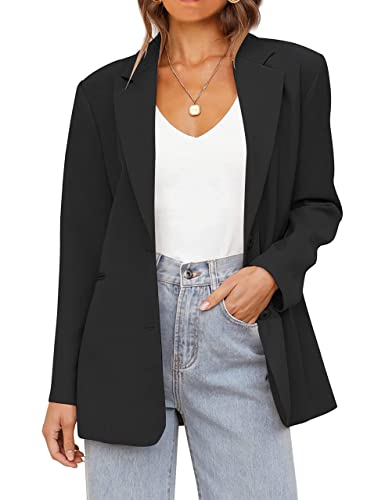 MEROKEETY Women's 2024 Fall Casual Blazers Long Sleeve Lapel Open Front Button Work Blazer Jackets with Pockets, Black, M