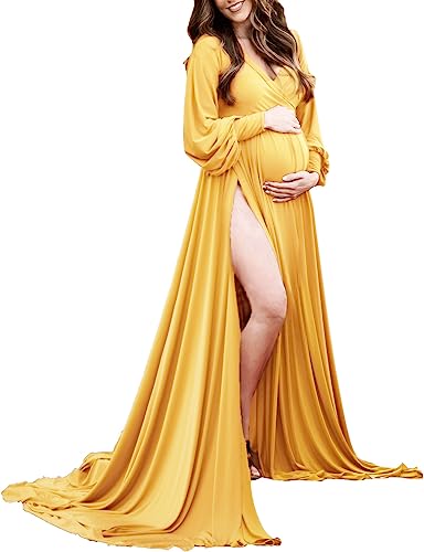 Maternity Gown Bishop Sleeves Baby Shower Dress Wrap Side Slit Sweetheart Maxi Photo Shoot for Photography（Yellow 2XL ）