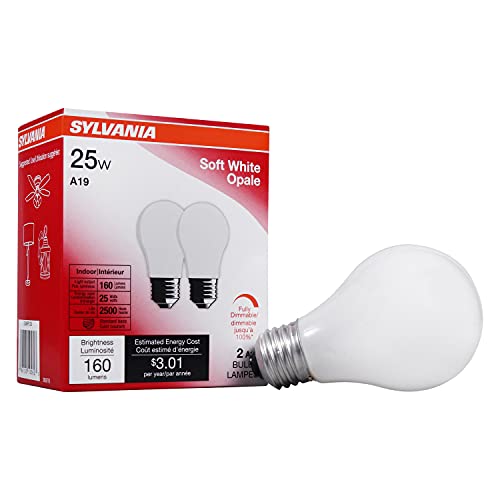 SYLVANIA Incandescent Light Bulb, 25W A19, Dimmable, Medium Base, 160 Lumens, 2850K, Soft White - 2 Count(Pack of 1)(10562)