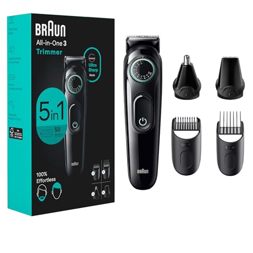Braun All-in-One Style Kit Series 3 3450, 5-in-1 Trimmer for Men with Beard Trimmer, Ear & Nose Trimmer, Hair Clippers & More, Ultra-Sharp Blade, 40 Length Settings and Washable, Black