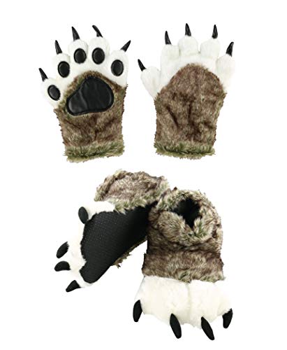 Lazy One Paw Mittens and Slippers Set, Cute Animal Accessories for Kids and Adults, Wolf, Werewolf (X-Large)