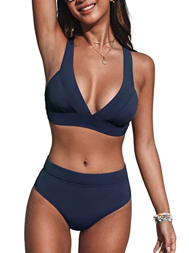 CUPSHE Women Bikini Set for Women Swimsuit High Waisted V Neck Wide Straps Back Hook Removable Soft Cups,M Dark Blue