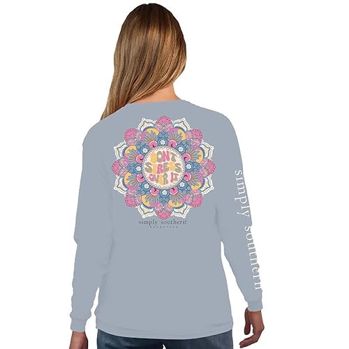 Simply Southern | Don't Stress Over It | Preppy and Stylish Women’s Fog Blue Relaxed-Fit (Large) Long Sleeve T-Shirt