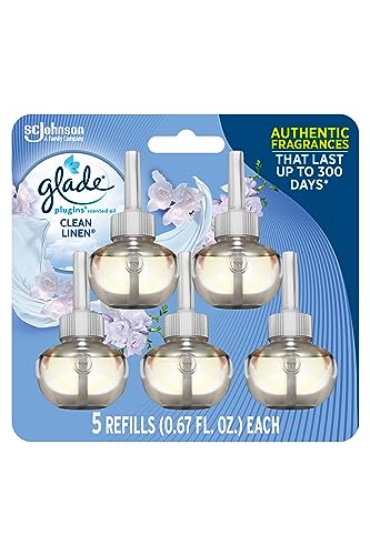 Glade PlugIns Refills Air Freshener, Scented and Essential Oils for Home and Bathroom, Clean Linen, 3.35 Fl Oz, 5 Count
