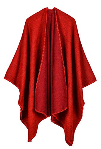 Hycurey Women Winter Knitted Faux Cashmere Poncho Capes Plus Size Shawl Cardigans Sweater Coat Red Free